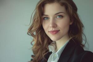 Businesswoman smiling with confidence in office setting photo