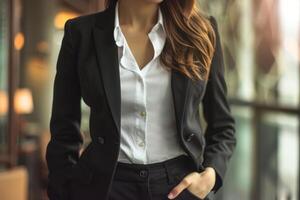 Businesswoman standing with hand in pocket wearing suit in office photo