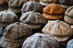 Newsboy hats in tweed fabric displayed on shelf photo