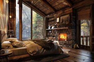 Cozy bedroom interior with fireplace burning in rustic log cabin photo