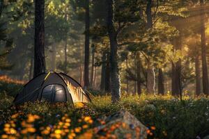 Camping tent illuminated by the rising sun in a beautiful wildflower forest photo