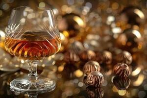 Glass of cognac with chocolate pralines on golden glittering background photo