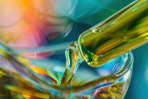 Pipette dropping yellow chemical liquid into beaker in laboratory setting photo