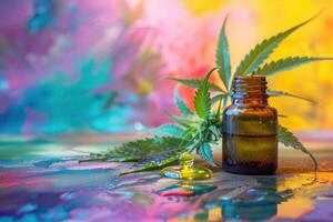 Bottle of cbd oil with a dropper sits on a colorful surface with marijuana leaves and buds photo