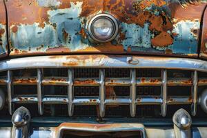 Rusty old car with peeling paint showing its age photo