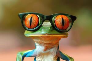 Green tree frog wearing eyeglasses posing for portrait photo