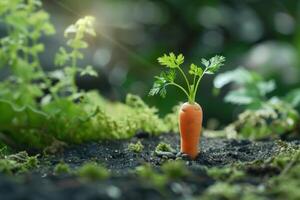 Single carrot growing in the garden soil photo