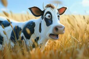Funny cartoon cow is making a surprised face in a field of wheat photo