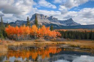 Orange aspen trees reflecting in calm lake with mountain peak in background photo