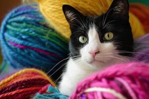Black and white cat resting near colorful balls of yarn photo