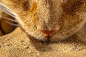 Ginger cat is sniffing sand with its nose photo