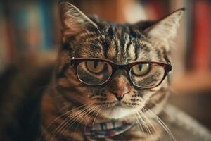 Serious cat wearing glasses and bow tie posing in a library photo