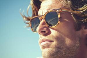 Young man with sunglasses is posing under the sun photo