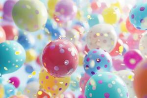Colorful balloons floating with confetti on blue sky background photo