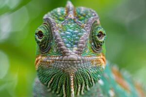Chameleon posing on a branch with green blurred background photo