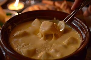 Dipping bread in melted cheese fondue in a communal pot photo