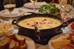 Cheese fondue being enjoyed with wine and bread at a dinner party photo