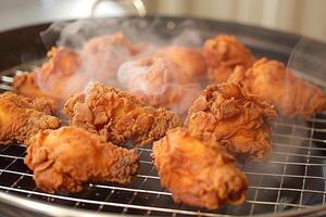 Steaming basket of crispy golden fried chicken wings photo