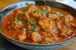 Chicken tikka masala garnished with cilantro in bowl photo