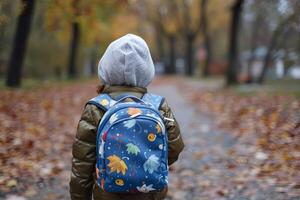 Young child with backpack walking away in autumn park photo