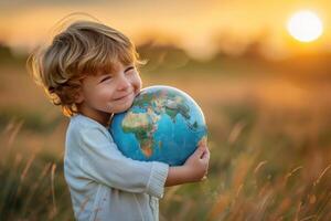 Young boy is happily hugging a globe in a field at sunset photo