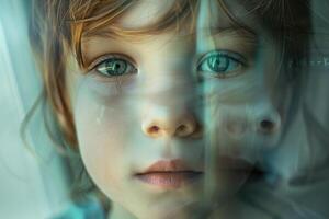 Little redhead child looking through window with sad eyes photo