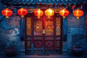 tradicional chino puerta iluminado con rojo linternas a crepúsculo foto