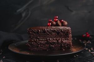 Delicious chocolate cake slice decorated with chocolate balls and red currant on black background photo