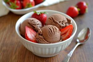 Chocolate ice cream scoops being topped with fresh strawberries photo