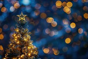 Christmas tree decorated with fairy lights sparkling on a blue background photo