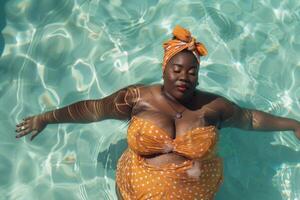 Curvy woman relaxing and floating in a swimming pool photo