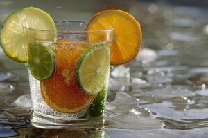Glass of sparkling water with citrus fruits refreshing on summer day photo