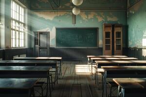 Sunlight shining through windows in deserted old classroom photo