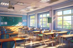 Sun shining through windows of empty classroom photo
