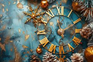 Clock is showing midnight approaching new year with golden festive decorations photo