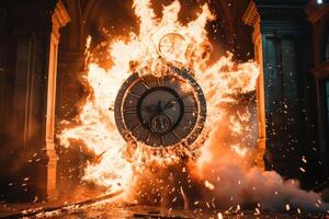 Antique clock exploding in flames inside building photo