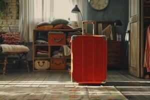 Red suitcase standing in cozy room ready for travel and new adventures photo