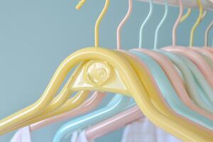 Close up of colorful empty plastic clothes hangers hanging on rack photo