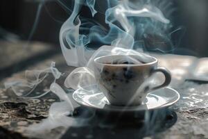 Steaming cup of coffee sitting on rustic surface photo
