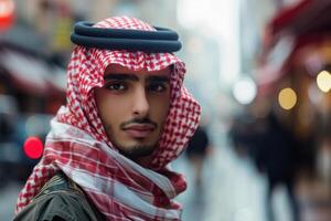 Young man in traditional arab attire in urban setting photo