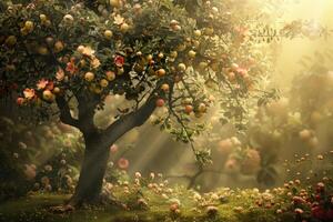 Apple tree standing in orchard with sunlight shining through branches photo