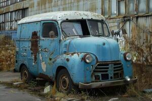 Old rusty blue delivery van parked near abandoned building photo