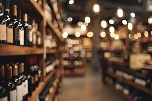 Wine bottles resting on wooden shelves in blurred wine shop photo