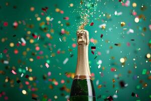 Champagne bottle popping with confetti exploding on green background photo