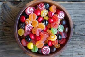 Wooden bowl overflowing with colorful assorted candies on rustic table photo