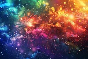 Fireworks exploding over colorful abstract background for new year's eve or 4th of july celebration photo