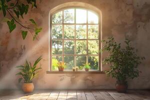 Sun shining through a window illuminating plants in an empty room photo