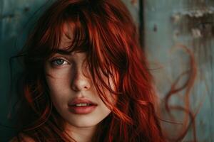 Beautiful redhead model posing with freckles showing photo
