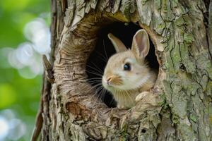 Cute baby bunny rabbit relaxing in a tree hole photo