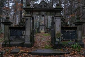Old broken stone gate leading to other gates in deserted cemetery photo